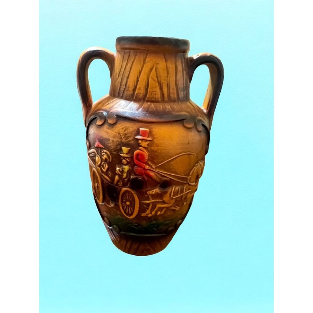 Vintage Norleans 3D Pottery Vase Double Handle Urn Horse Drawn Carriage 8" READ